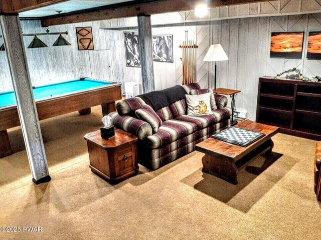 130 Willow Dr, Lords Valley, PA 18428 - game room with carpet flooring, pool table, and wooden walls