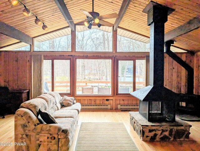 130 Willow Dr, Lords Valley, PA 18428 - living room featuring track lighting, baseboard heating, a wood stove, wood-type flooring, and wooden ceiling