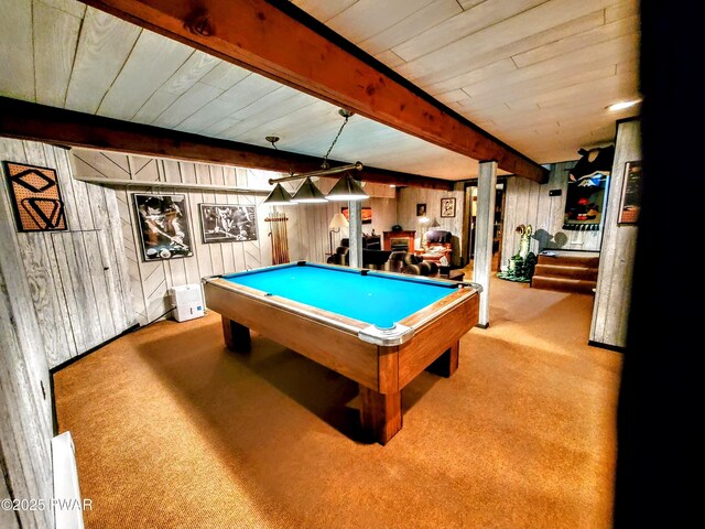 130 Willow Dr, Lords Valley, PA 18428 - rec room with carpet floors, wood walls, billiards, and wooden ceiling