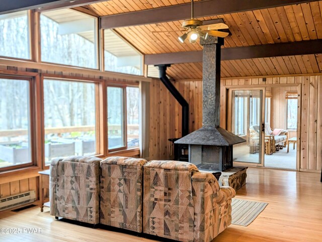 130 Willow Dr, Lords Valley, PA 18428 - living room with plenty of natural light, a wood stove, and wood walls