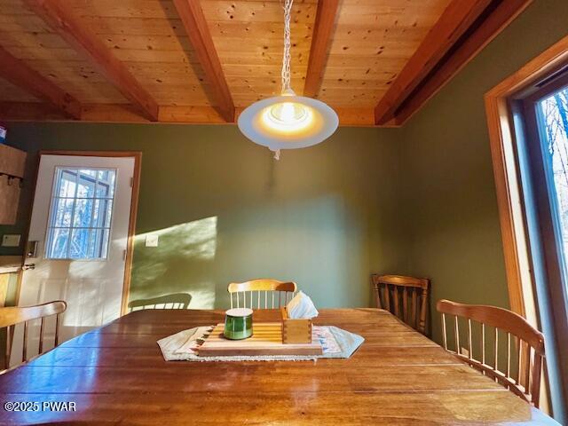 dining area featuring beam ceiling and wooden ceiling