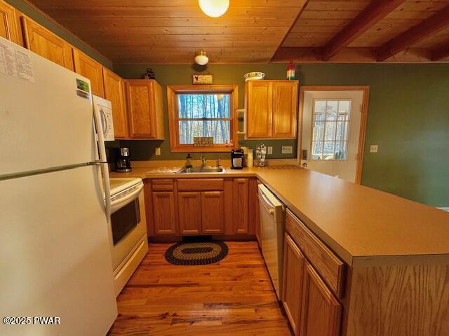 kitchen with sink, white appliances, wooden ceiling, kitchen peninsula, and light wood-type flooring