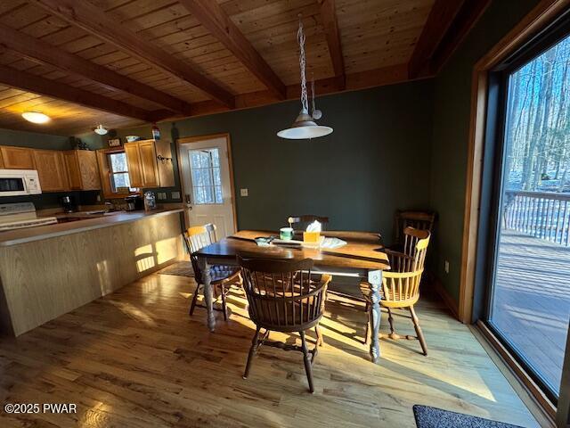 dining space featuring beam ceiling, light hardwood / wood-style floors, and wooden ceiling