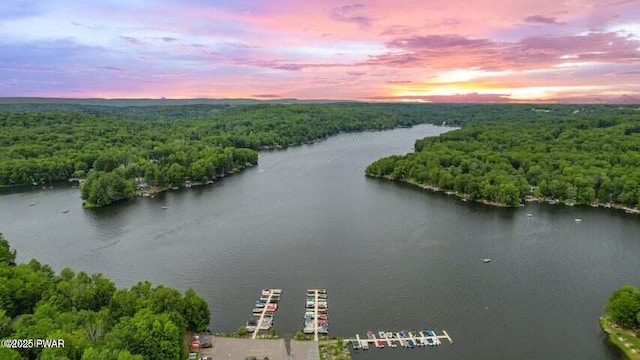 aerial view at dusk featuring a water view