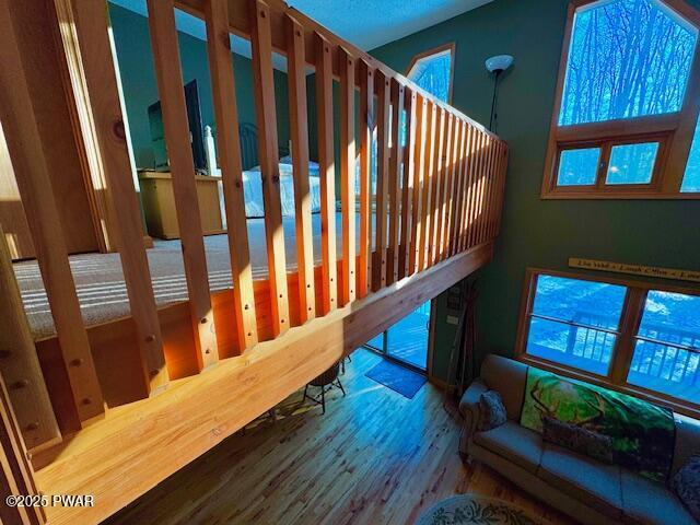 stairs with hardwood / wood-style flooring