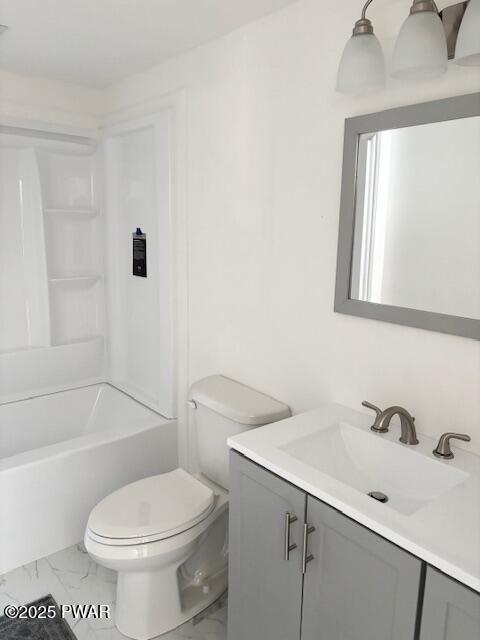 133 Arrowood Dr, Dingmans Ferry, PA 18328 - full bathroom featuring toilet, marble finish floor, vanity, and shower / bath combination