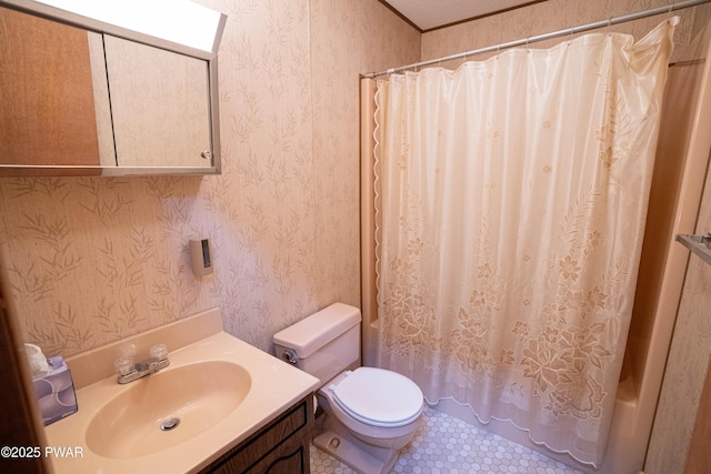 16 Par Ct, Lake Ariel, PA 18436 - bathroom with toilet, shower / bathtub combination with curtain, tile patterned flooring, wallpapered walls, and vanity