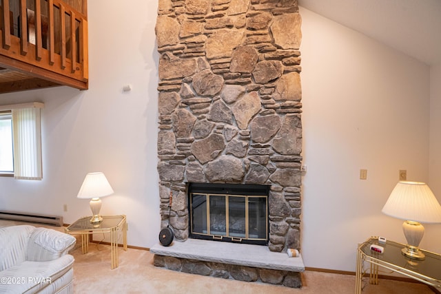 16 Par Ct, Lake Ariel, PA 18436 - living room with carpet floors, a fireplace, a baseboard heating unit, and baseboards