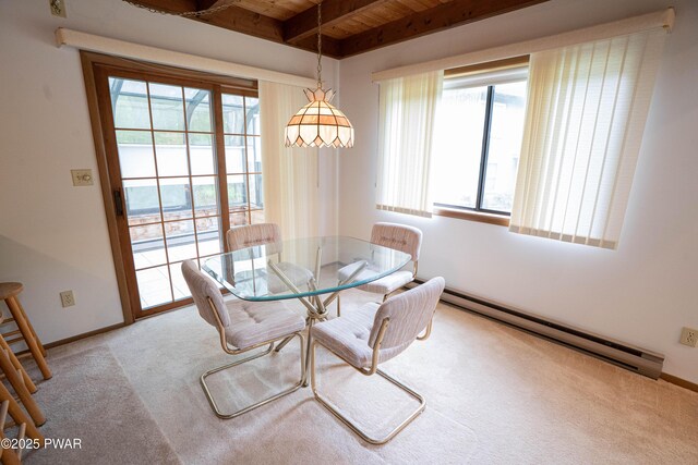 16 Par Ct, Lake Ariel, PA 18436 - carpeted dining area with wooden ceiling with exposed beams, a baseboard heating unit, and baseboards