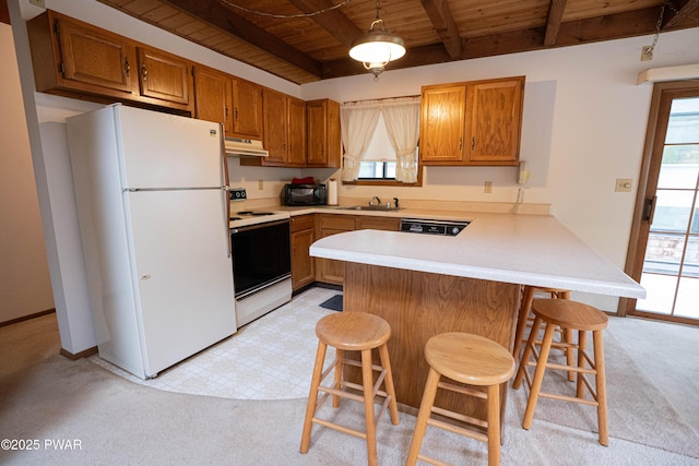 16 Par Ct, Lake Ariel, PA 18436 - kitchen with white appliances, wood ceiling with exposed beams, under cabinet range hood, a peninsula, and a sink