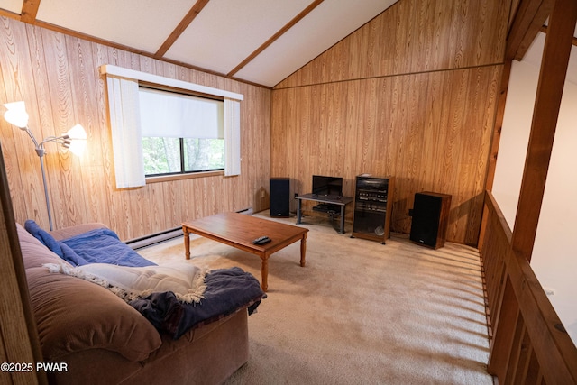 16 Par Ct, Lake Ariel, PA 18436 - living room featuring light colored carpet, lofted ceiling, a baseboard radiator, wooden walls, and baseboard heating