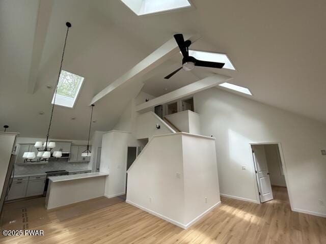 104 Maple Park Dr, Shohola, PA 18458 - unfurnished living room with a skylight, high vaulted ceiling, and light wood-style floors