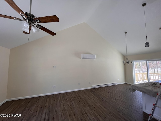 unfurnished living room with ceiling fan with notable chandelier, dark wood-type flooring, baseboards, baseboard heating, and a wall mounted AC