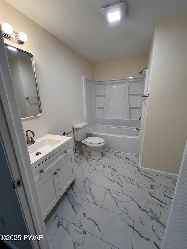 bathroom featuring baseboards, toilet, marble finish floor, tub / shower combination, and vanity