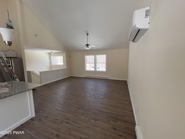 unfurnished living room featuring baseboards, dark wood finished floors, ceiling fan, an AC wall unit, and a baseboard heating unit