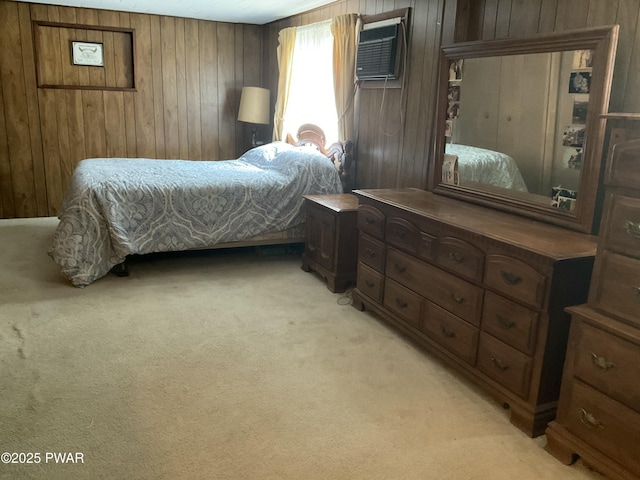 124 Roundhill Rd, Dingmans Ferry, PA 18328 - bedroom featuring wooden walls, light colored carpet, and an AC wall unit