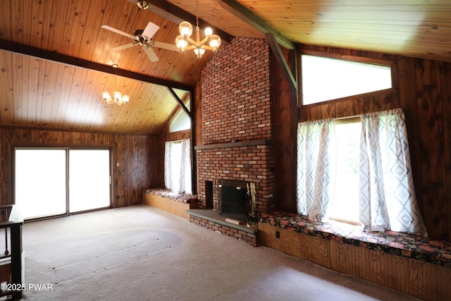 44 Purdytown Tpke, Lake Ariel, PA 18436 - unfurnished living room featuring wood ceiling, a chandelier, carpet flooring, a brick fireplace, and ceiling fan