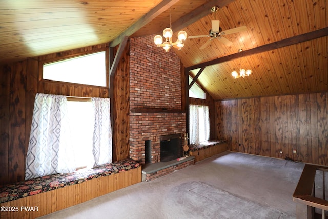 44 Purdytown Tpke, Lake Ariel, PA 18436 - unfurnished living room featuring carpet floors, a chandelier, wooden ceiling, wood walls, and a fireplace