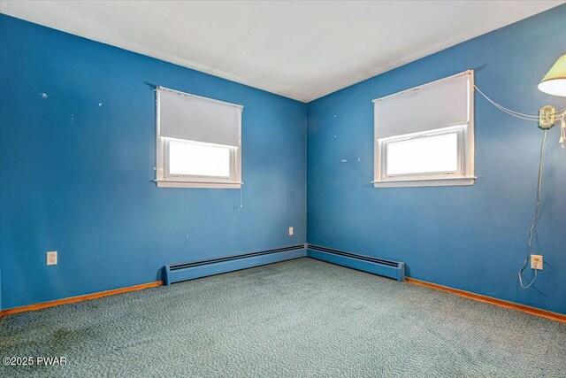 empty room featuring a baseboard radiator and carpet flooring