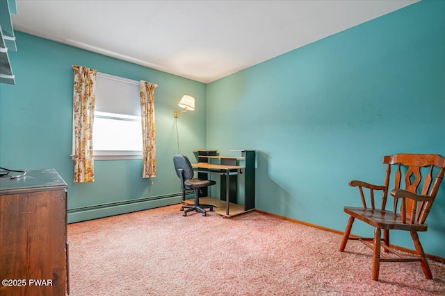 office area with carpet flooring and baseboard heating