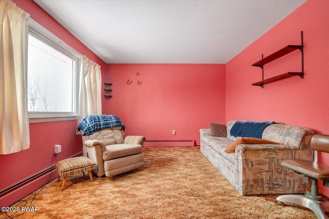 carpeted living room with a baseboard heating unit