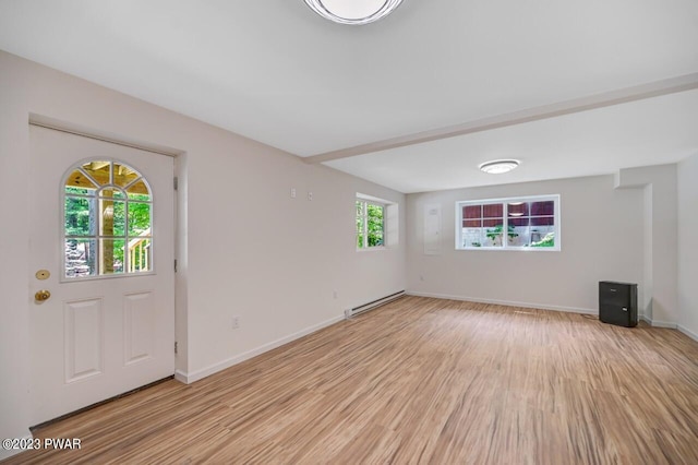 interior space with light wood-type flooring and a baseboard radiator