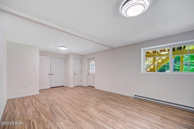 spare room featuring light hardwood / wood-style floors and a baseboard heating unit