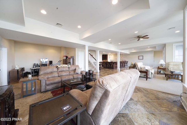 living room with ceiling fan