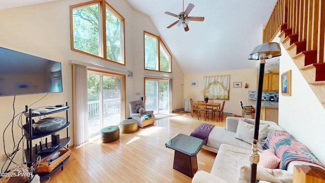 216 Westfall Dr, Dingmans Ferry, PA 18328 - living room featuring high vaulted ceiling, ceiling fan, light wood-type flooring, and stairs
