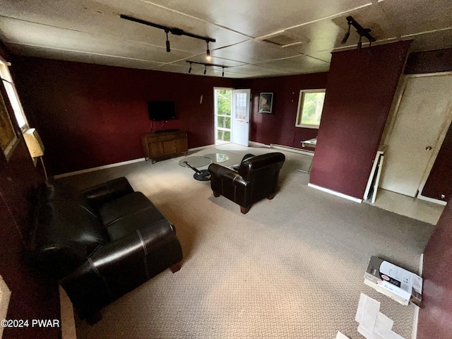 carpeted living room featuring baseboard heating and track lighting