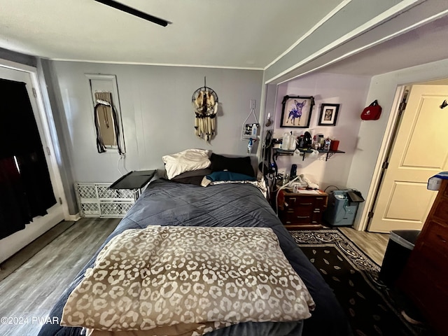 bedroom with hardwood / wood-style floors and ceiling fan