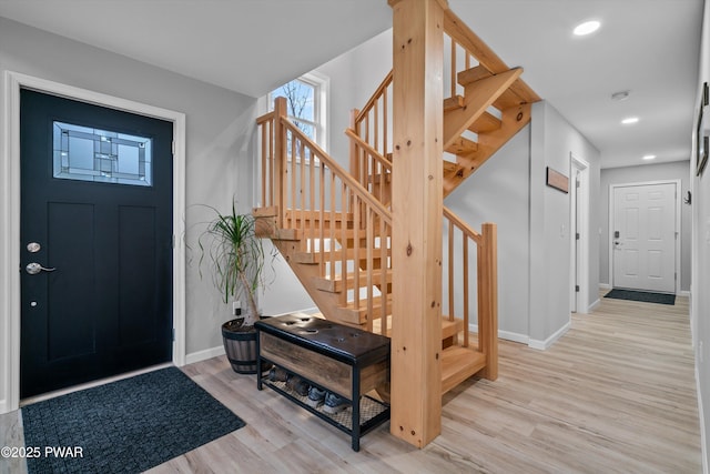111 Riverbend Ln, Beach Lake, PA 18405 - foyer with wood finished floors, recessed lighting, baseboards, and stairs