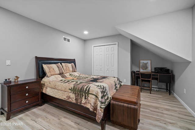 111 Riverbend Ln, Beach Lake, PA 18405 - bedroom with light wood-style floors, a closet, visible vents, recessed lighting, and baseboards