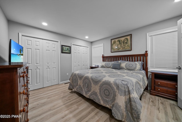 111 Riverbend Ln, Beach Lake, PA 18405 - bedroom featuring baseboards, light wood finished floors, two closets, and recessed lighting