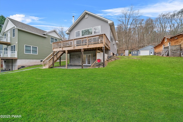 111 Riverbend Ln, Beach Lake, PA 18405 - rear view of house featuring a deck, stairway, and a lawn