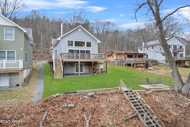 111 Riverbend Ln, Beach Lake, PA 18405 - back of house with a yard, a wooden deck, and stairway