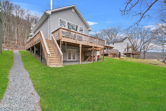 111 Riverbend Ln, Beach Lake, PA 18405 - rear view of property with french doors, a wooden deck, stairs, and a yard