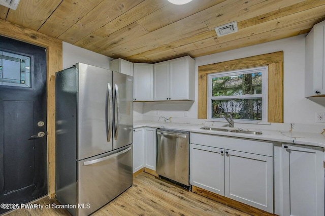 28 Holland Rd, Hawley, PA 18428 - kitchen with stainless steel appliances, wood ceiling, white cabinetry, light wood-type flooring, and light stone counters