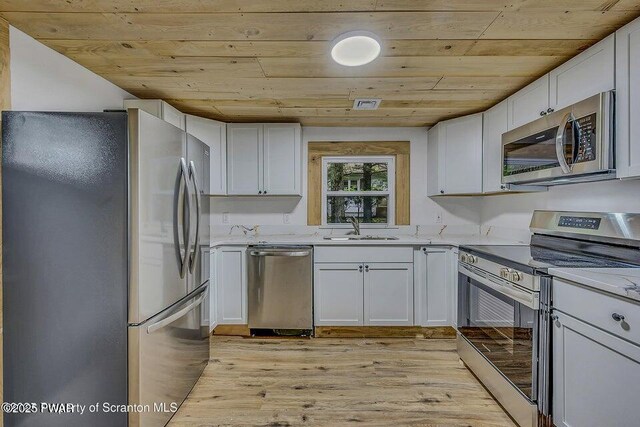 28 Holland Rd, Hawley, PA 18428 - kitchen featuring appliances with stainless steel finishes, light wood finished floors, white cabinetry, wooden ceiling, and light countertops
