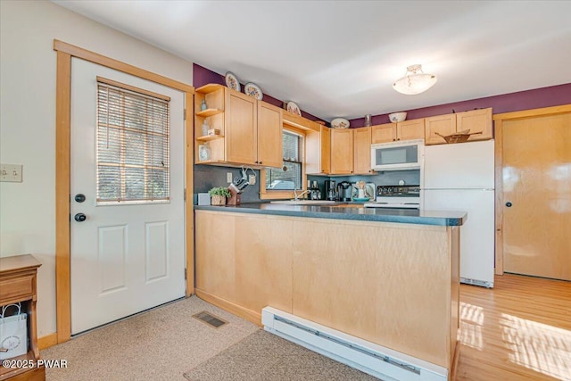 kitchen with open shelves, a peninsula, light brown cabinetry, white appliances, and baseboard heating