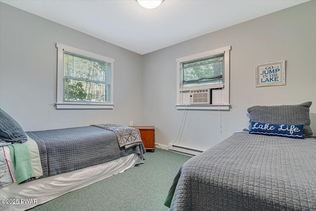 bedroom with multiple windows, cooling unit, a baseboard heating unit, and carpet flooring
