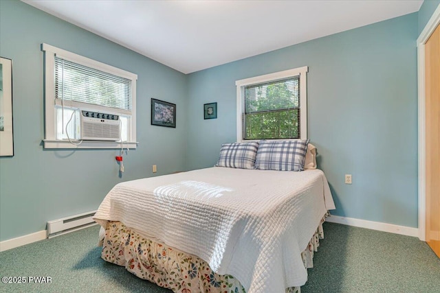 bedroom with baseboards, carpet, a baseboard heating unit, and cooling unit