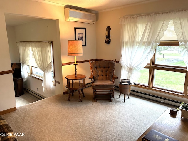living area with a baseboard radiator, a wall mounted AC, a wealth of natural light, and carpet floors