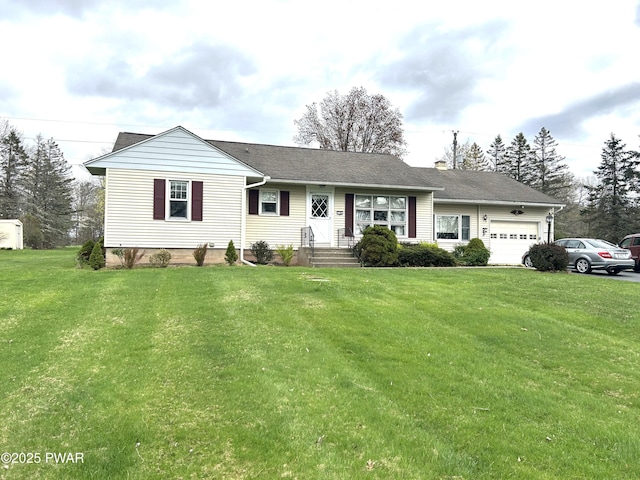 single story home with a chimney, a front yard, and an attached garage