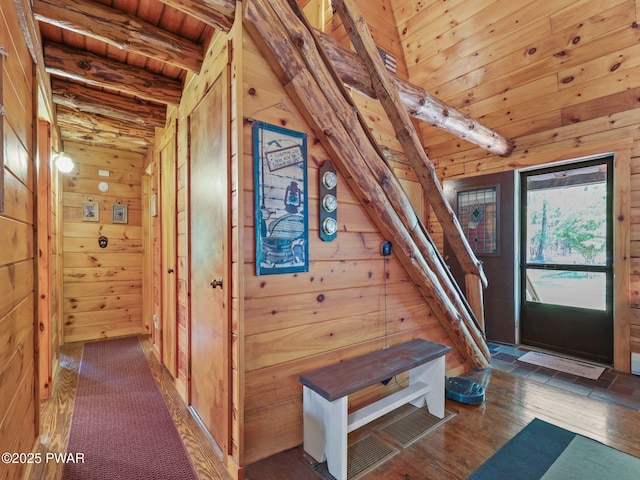 128 Timber Ln, Tafton, PA 18464 - corridor featuring wood walls, wood finished floors, and wooden ceiling