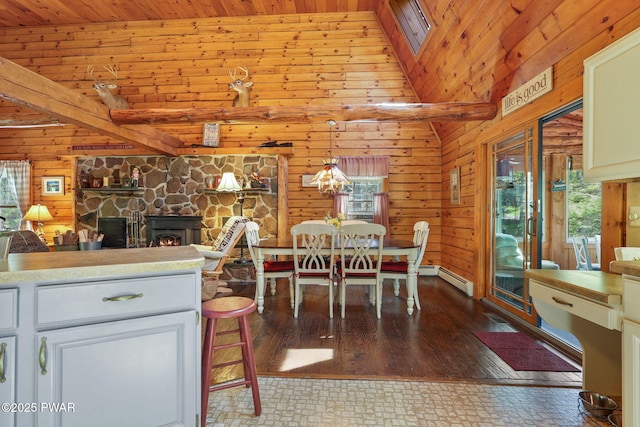 128 Timber Ln, Tafton, PA 18464 - dining area with wood ceiling with exposed beams and wood walls
