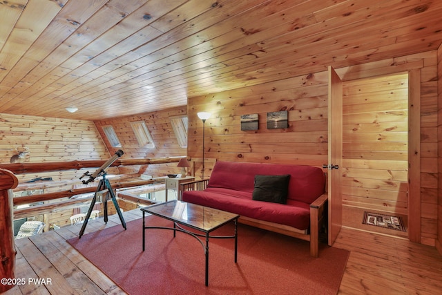 128 Timber Ln, Tafton, PA 18464 - living room featuring wood ceiling, wood-type flooring, and wooden walls