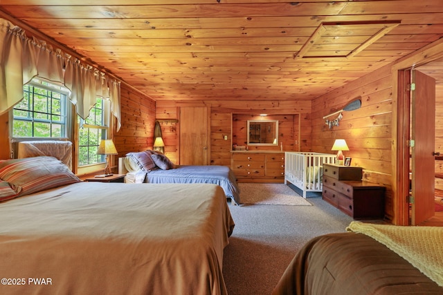 128 Timber Ln, Tafton, PA 18464 - bedroom with wood ceiling, carpet flooring, and wood walls