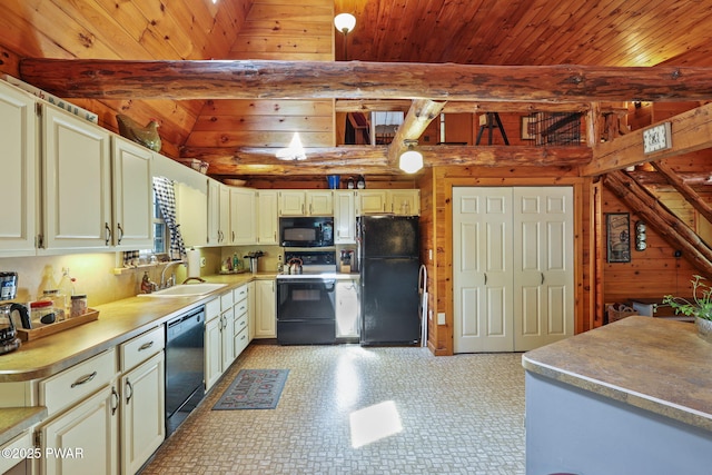 128 Timber Ln, Tafton, PA 18464 - kitchen with black appliances, a sink, wooden ceiling with exposed beams, wood walls, and light flooring
