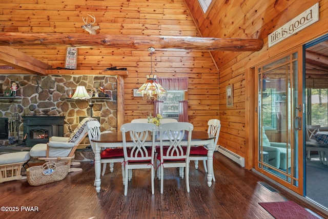 128 Timber Ln, Tafton, PA 18464 - dining room with a baseboard radiator, wood finished floors, healthy amount of natural light, a wood stove, and wood walls